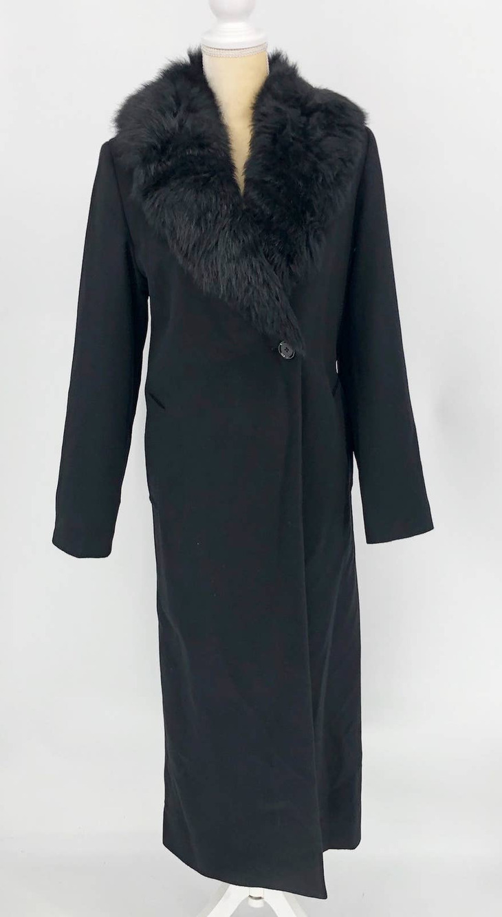 Sofia Cashmere Women Long Full Length Coat 6 Black Fur Collar Wool Cashmere NWOT